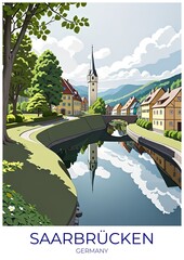 Naklejka premium Saarbruecken Germany Eco Friendly Travel Poster Illustration Retro Art Print Decor