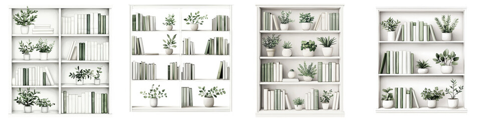 Stylish Minimalist Bookshelves with Lush Greenery Accents in Bright White Interior