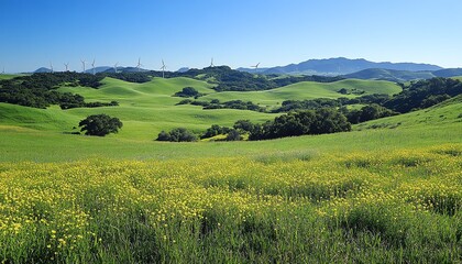 Obraz premium Serene landscape of wind turbines on green hills, spinning under a clear blue sky, showcasing renewable energy and sustainable living