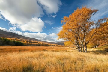 Fototapeta premium Golden Autumn Landscape with Birch Trees and Rolling Hills
