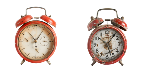 Red vintage alarm clock isolated on a white background. Generative AI.