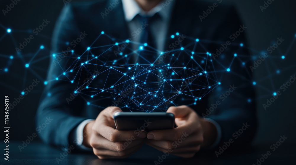 Aufkleber exploring mobile technology trends close-up on digital interaction in modern offices blur background