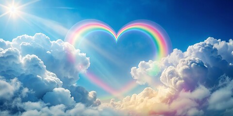 Heart-shaped rainbow in a vibrant sky with fluffy clouds and sun rays