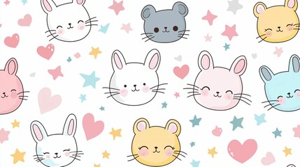 Obraz premium Cute and Playful Pattern Featuring Adorable Bunnies and Mice Faces Surrounded by Colorful Hearts and Stars in Soft Pastel Shades for Children's Designs