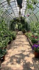 Picturesque greenhouse filled with vibrant plants and flowers for a serene gardening experience