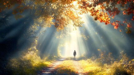 Young person walking along a scenic forest path filled with sunlight symbolizing fresh beginnings