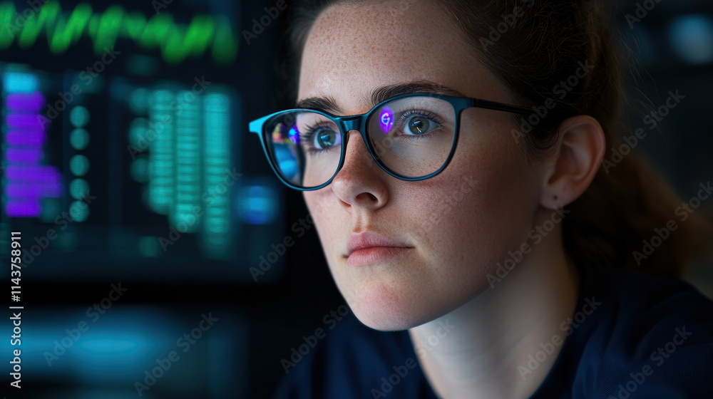 Aufkleber focused analysis of data trends by a female analyst in a tech environment