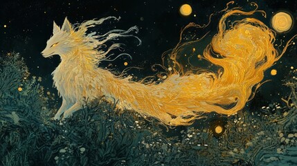 Golden Fox Spirit Amidst Night Blooms and Stars