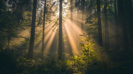 Obraz premium Sunbeams Illuminate Misty Forest Trees