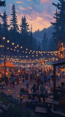 Obraz premium Lively street festival in Washington features illuminated tents and vibrant crowds during a summer evening celebration