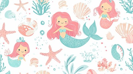 Charming Seamless Pattern Featuring Colorful Mermaids, Seashells, Coral, and Ocean Elements Ideal for Children's Decor, Fabric, and Underwater-Themed Projects