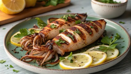 Grilled Squid with Fresh Herbs and Lemon Slices on Plate