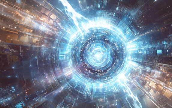 sacred geometry, A futuristic, abstract design featuring a glowing, pulsating AI core at the center of a vast digital landscape. 