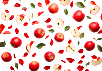 Red Apples and Leaves Pattern, Isolated on White Background. Fresh Autumn Fruit Composition,  Transparent Background Image.