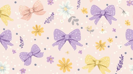 Charming Floral and Bow Pattern on Soft Pink Background, Perfect for Craft Projects, Scrapbooking, and Children's Decor, Featuring Colorful Bows and Fresh Blooms
