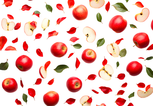Red Apples and Leaves Pattern, Isolated on White Background. Fresh Autumn Fruit Composition,  Transparent Background Image. - Powered by Adobe