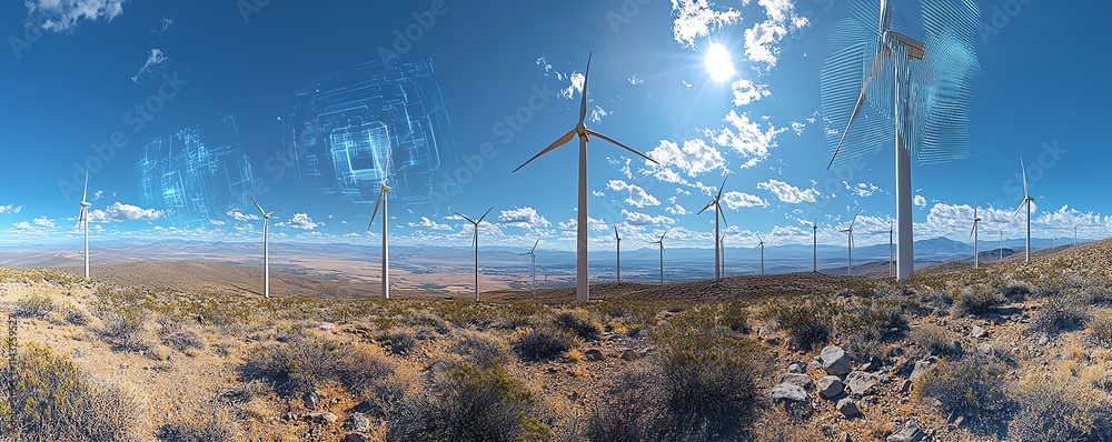 Poster wind turbines adorned with futuristic digital overlays, representing the rapid advancements in techn