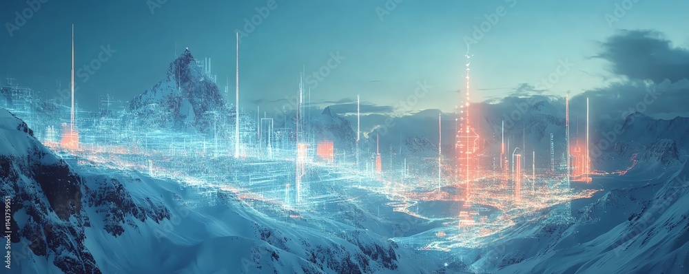 Poster wind turbines adorned with futuristic digital overlays, representing the rapid advancements in techn