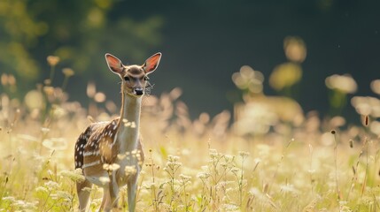 A spotted deer standing in a sunny meadow, surrounded by tall grass and wildflowers. Natural daylight.