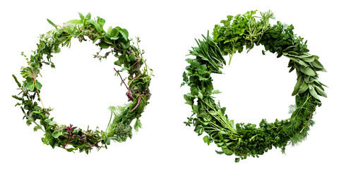 round herb ornament made of various fresh Mediterranean herbs laid out in a circle top view. Generative AI.