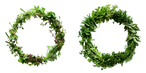 round herb ornament made of various fresh Mediterranean herbs laid out in a circle top view. Generative AI.
