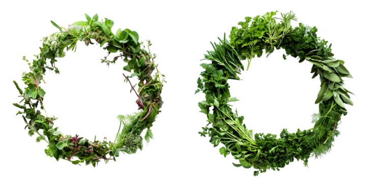 round herb ornament made of various fresh Mediterranean herbs laid out in a circle top view. Generative AI.