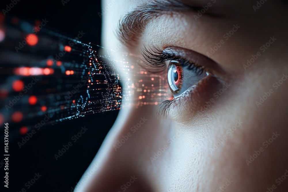 Poster an eye interacts with digitally rendered data streams, signifying advanced technology and enhanced h