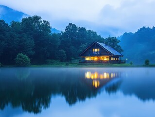 Serene Lakeside Cabin Retreat at Twilight Golden Hour