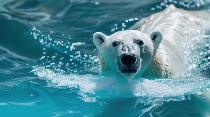 A swimming polar bear in Arctic waters, with icy surroundings and the bear's white fur contrasting against the blue water. Natural daylight, 70-200mm focal length.