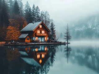 Fototapeta premium Misty Lakeside Cabin Retreat Serene Autumn Landscape Photography