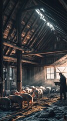 Farmer interacts with pigs in a rustic barn during morning hours, showcasing daily agricultural life