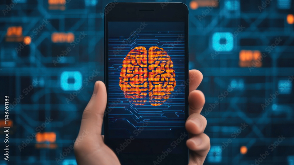 Poster exploring digital intelligence brain imagery on smartphone virtual lab high-tech close-up