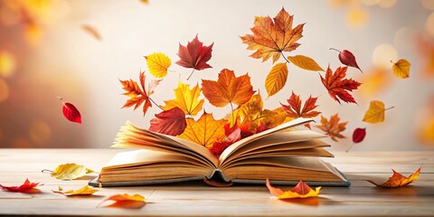 Autumn leaves magically rise from an open book, symbolizing the beauty of nature and the joy of reading.