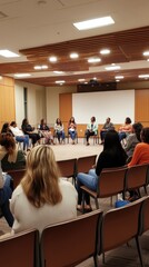 Obraz premium Dynamic panel discussion engages audience in Texas community center on local issues