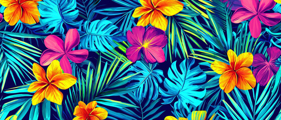 A vibrant floral pattern featuring colorful hibiscus flowers and lush tropical leaves on a deep blue background.