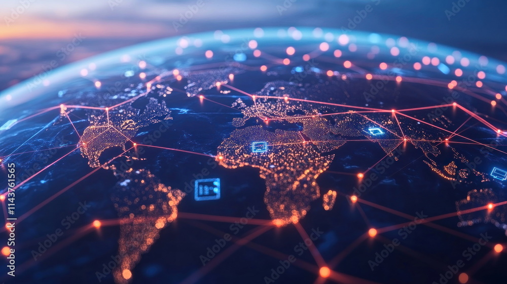 Poster Global digital connectivity world map infographic technology aerial view data network