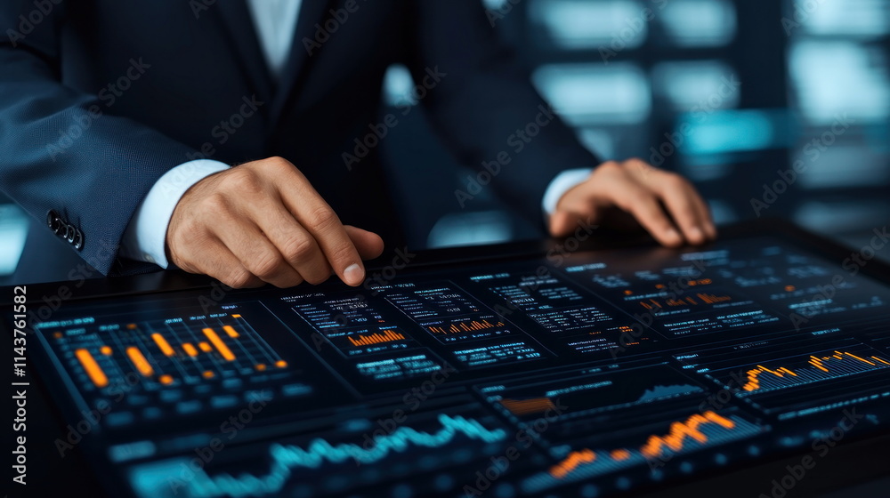Poster Analyzing business metrics corporate office data visualization modern environment close-up view