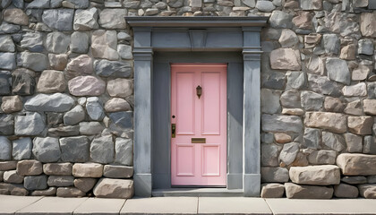 A striking pink door framed by gray stone in soft sunlight, blending mystery and elegance in a quiet urban setting.
