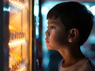 A thoughtful boy looks into the light of a vending machine, close-up shot capturing his expression and the machine's glow, bright indoor lighting.