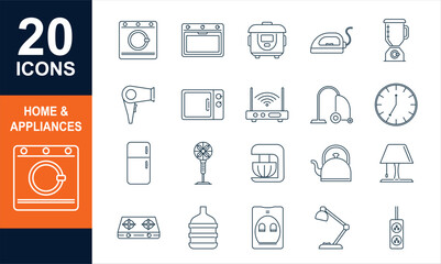 Home appliances set icon. Refrigerator, hood, toaster, microwave, scale, blender, washing machine, stove, oven, cooktop, household, kitchen, electric, appliance, kitchenware, electronic