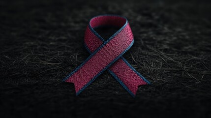 Burgundy and blue awareness ribbon on textured black background.