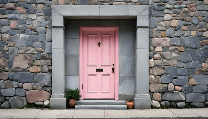 A striking pink door framed by gray stone in soft sunlight, blending mystery and elegance in a quiet urban setting.
