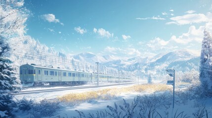 Scenic winter train journey through snowy mountains.