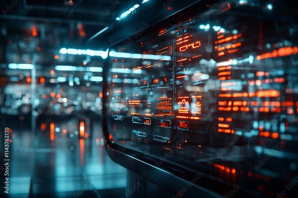 Poster a futuristic data center showcasing advanced technology with glowing digital interfaces, representin