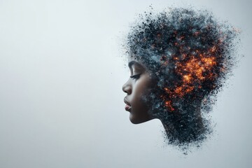 A highly conceptual image showing an abstract profile of a person with a dramatic explosion of thoughts and creativity, symbolizing imagination, inner world, and expression.