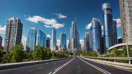 Naklejka premium road city skyline outdoor landscape blue sky, modern city commercial buildings scenery. Panoramic view.