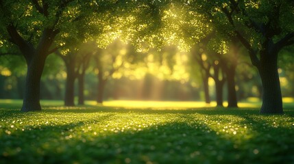 Naklejka premium Sunlit green grass in a forest with trees.