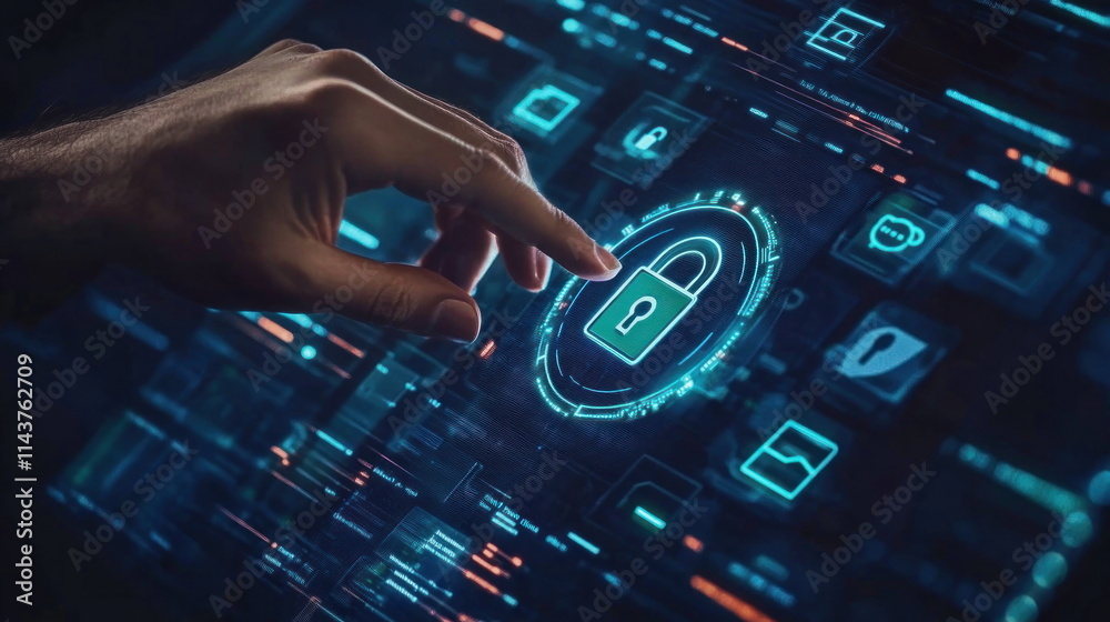 Poster Securing digital data cybersecurity measures virtual interface graphic design modern tech