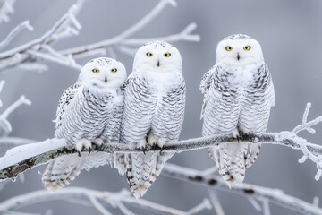 A trio of snowy owls on an icy branch, highlighting their beauty and resilience in the winter setting. Cold natural light.