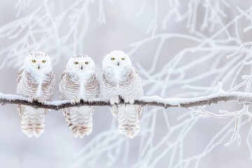 A trio of snowy owls on an icy branch, highlighting their beauty and resilience in the winter setting. Cold natural light.